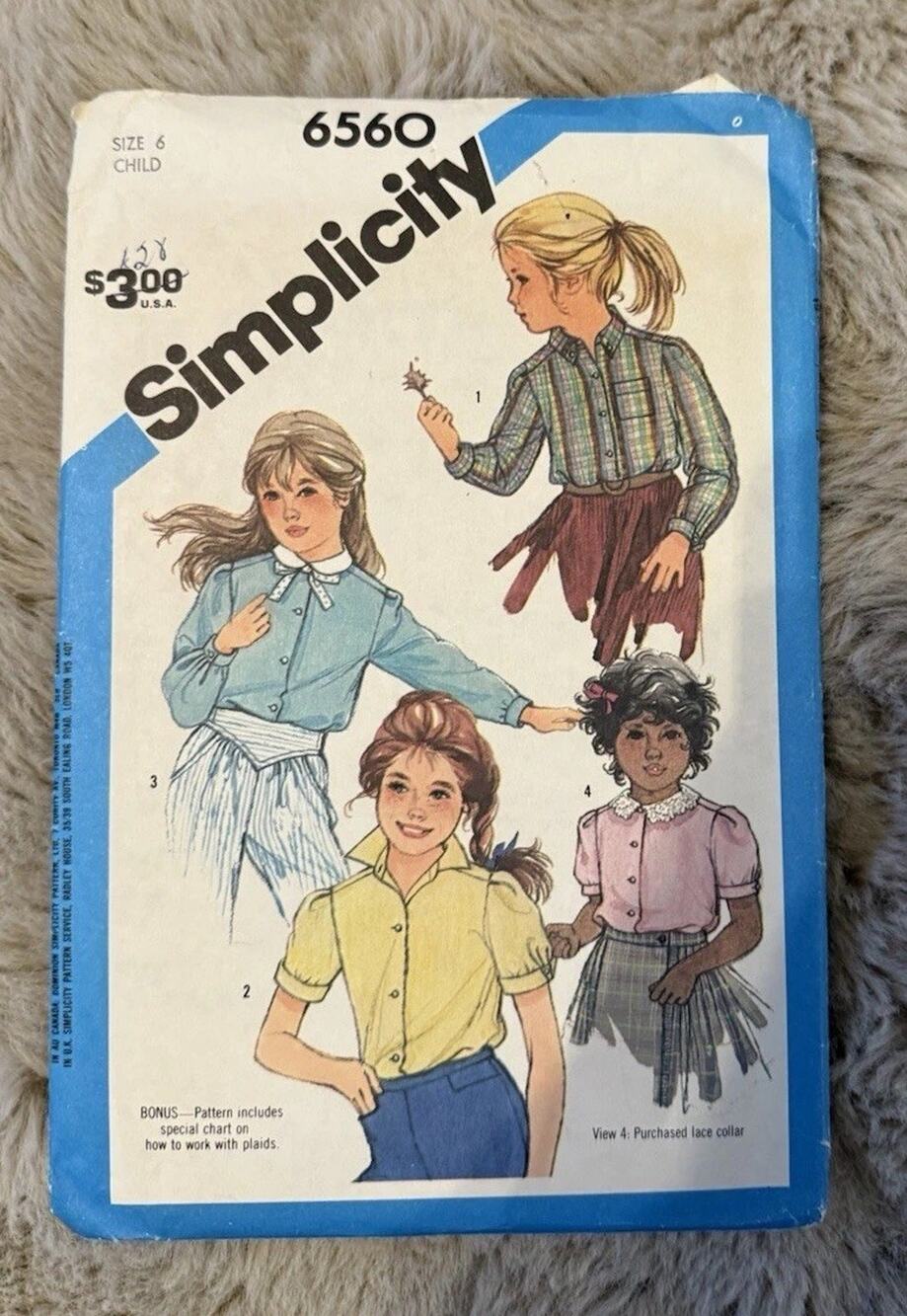 Vintage Simplicity 6560 Girls Blouse Sewing Pattern Uncut Size 6 Collar 1970s